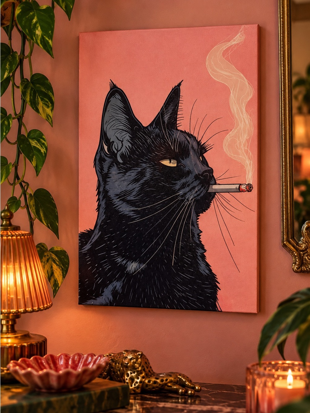 Black Cat Smoking a Cigarette Pink Canvas Wall Hanging Art 12x18” Dopamine Decor
